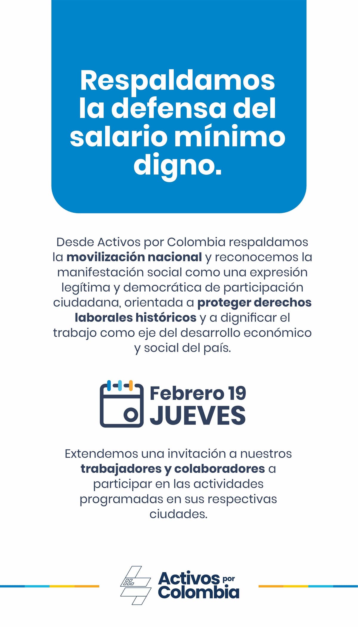 Activos por Colombia S.A.S. respalda movilización nacional del 19 de febrero en defensa del salario vital